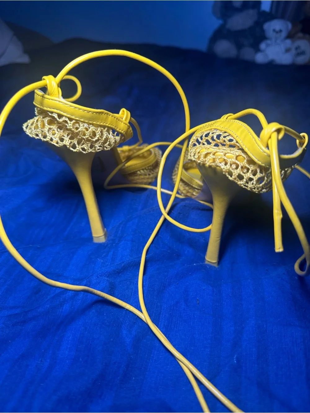 Public Desire Yellow Lace-Up Mesh Heeled Sandals